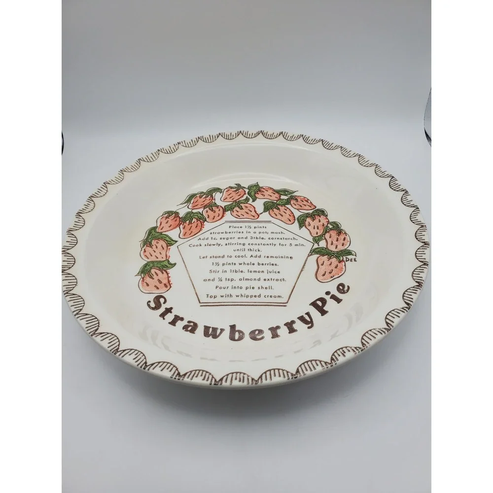 Vintage 1970s Strawberry Pie Recipe Ceramic Baking Dish 10.5